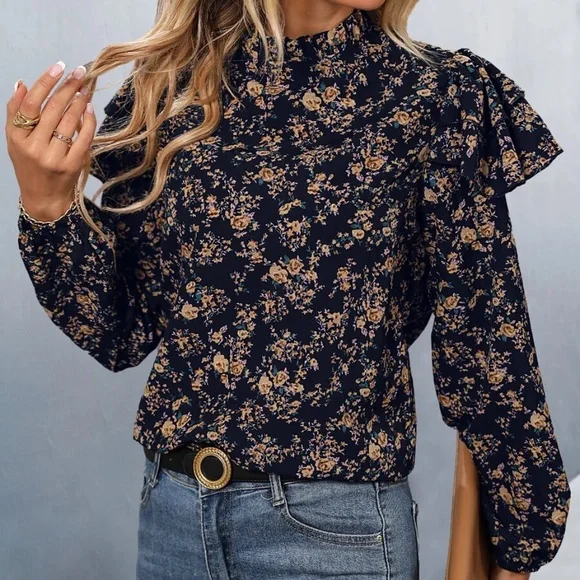 Boho Floral Print Ruffle Cottagecore Blouse - Picture 2 of 4